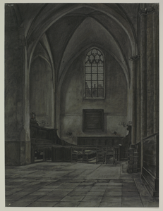 28949 Interieur van de Buurkerk te Utrecht: de noordelijke zijbeuk met de bank van de vroedschap, gezien uit het westen.